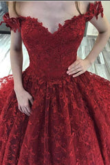 Burgundy Long A-line Off the Shoulder Lace Wedding Dresses