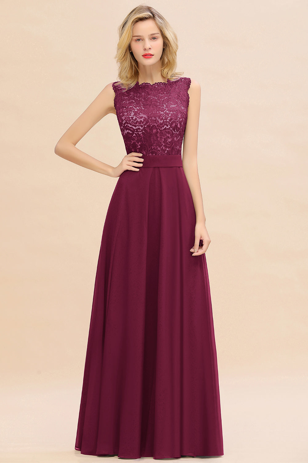 Long A-line Chiffon Lace Sleeveless Bridesmaid Dresses