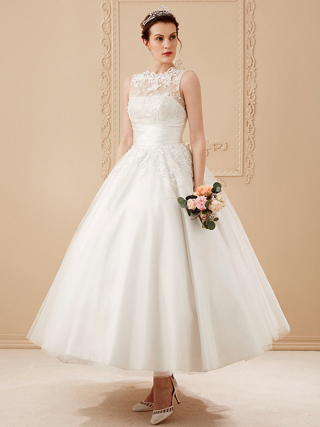 Short A-Line Satin Lace Ankle Length Vintage Wedding Dresses