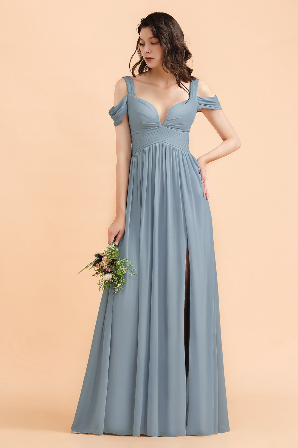 Grey Blue Chiffon Off the Shoulder Sweetheart Long Bridesmaid Dress With Side Slit