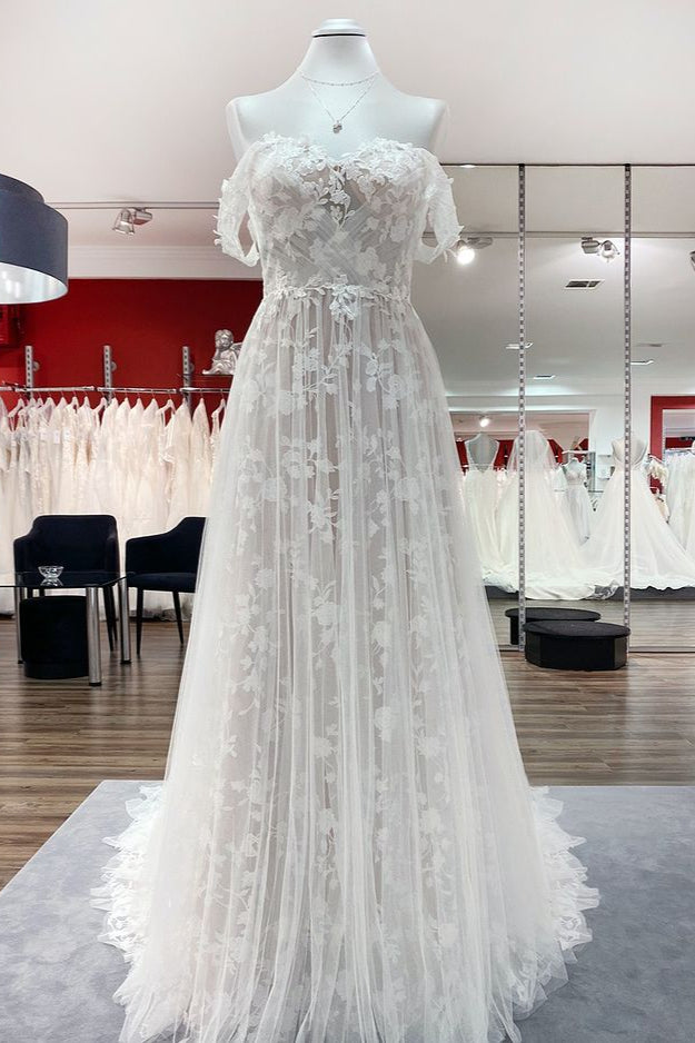 Gorgeous Long A-line Off the Shoulder Tulle Appliques Lace Ruffles Wedding Dress
