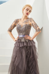 Fabulous Long A-line Jewel Tulle Lace Tulle Prom Dress with Sleeves