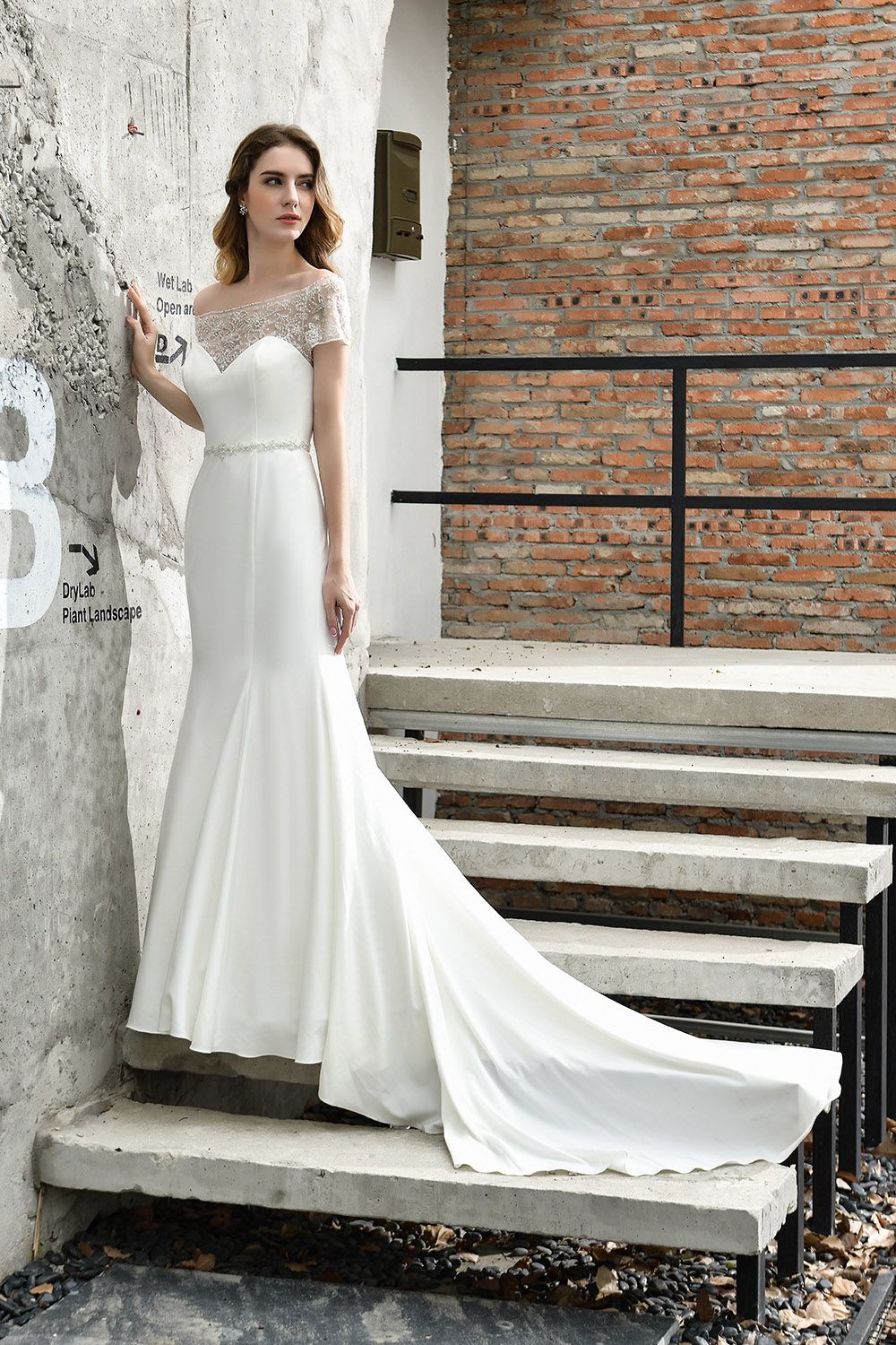 Long Mermaid Satin Belt Lace White Dresses with Short Sleeves