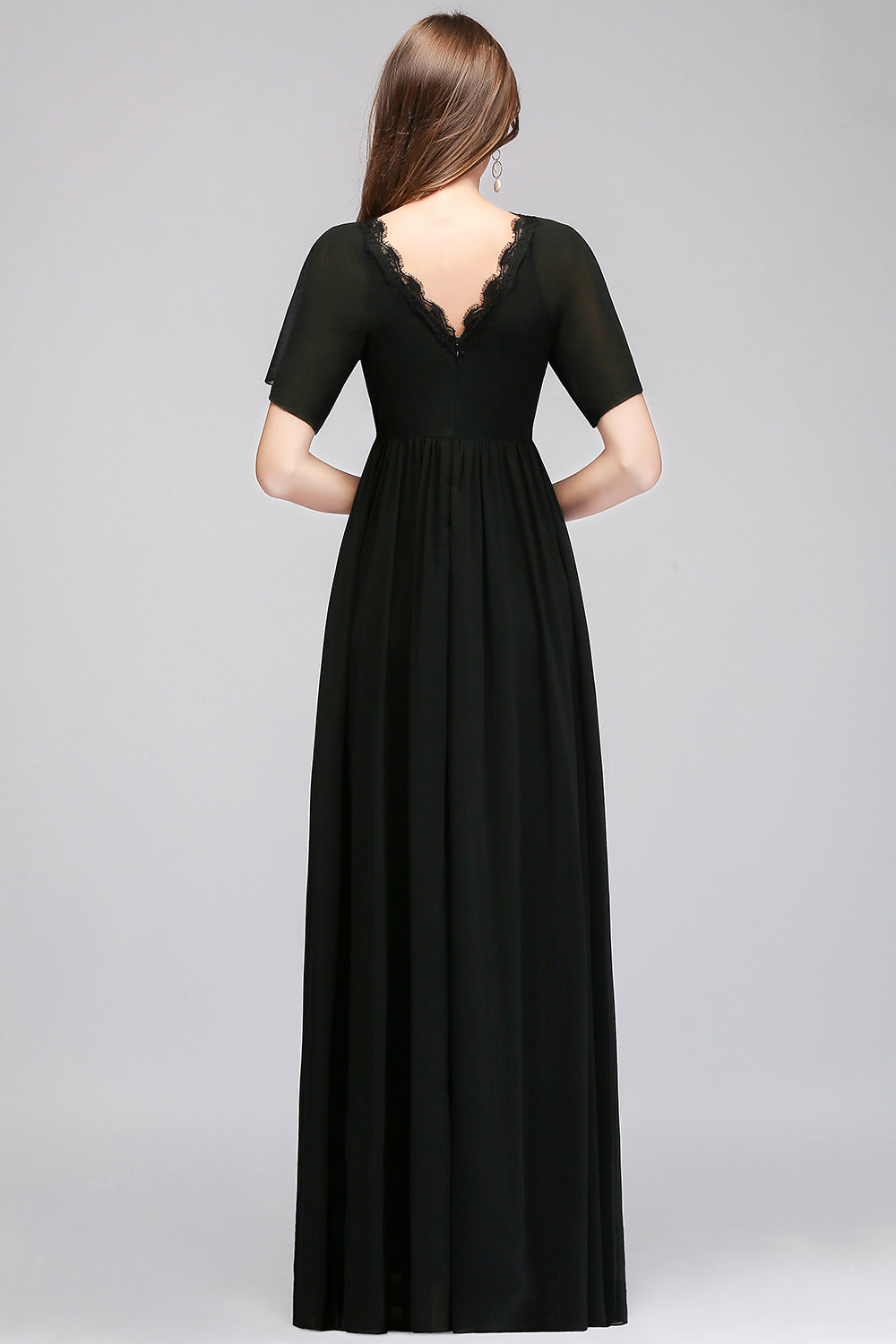A-line Chiffon V-Neck Short Sleeves Floor Length Bridesmaid Dresses