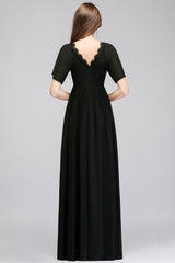 A-line Chiffon V-Neck Short Sleeves Floor Length Bridesmaid Dresses