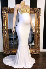 Long High Neck Appliques Lace Mermaid White Formal Evening Dress