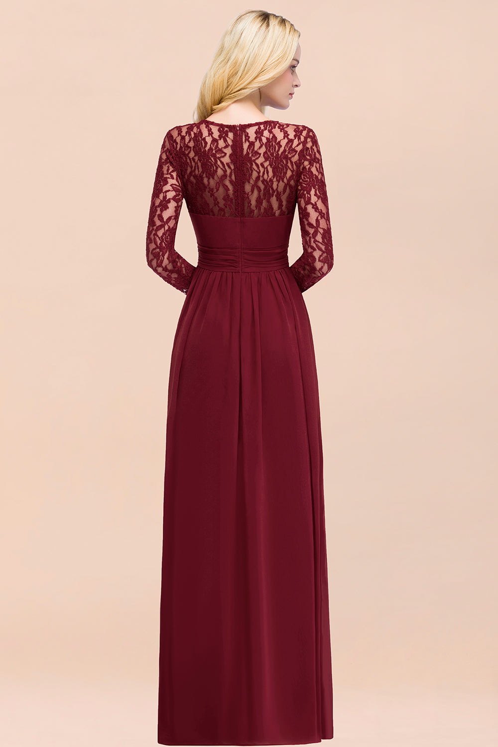 Elegant A-Line Chiffon Jewel Long Sleeves Ruffles Floor Length Bridesmaid Dresses