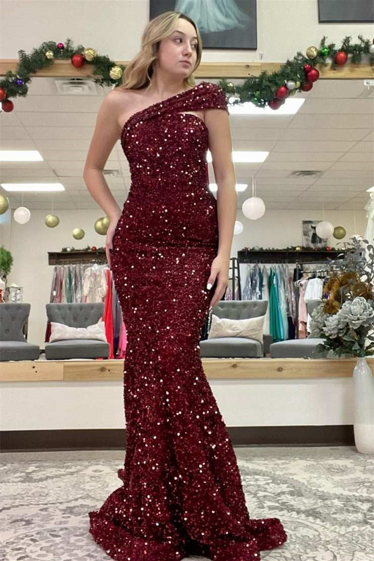 Sparkle Burgundy One Shoulder Mermaid Sequined Long Prom Dress