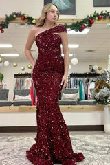 Sparkle Burgundy One Shoulder Mermaid Sequined Long Prom Dress