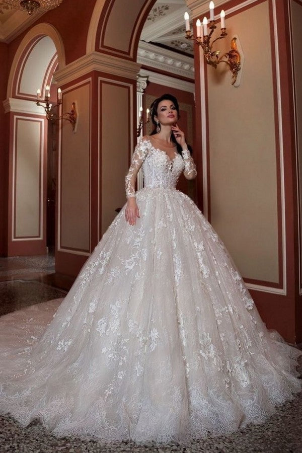 Elegant Long Sleeves Bateau Beading A-Line Appliques Lace Train Wedding Dress