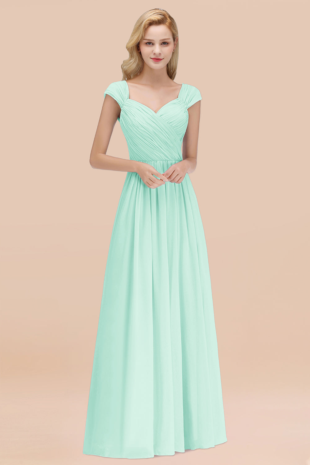 A-Line Chiffon Straps Sweetheart Sleeveless Floor Length Bridesmaid Dress with Ruffles