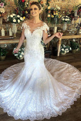 Charming Long Mermaid Sweetheart Lace Wedding Dress with Cap Sleeves