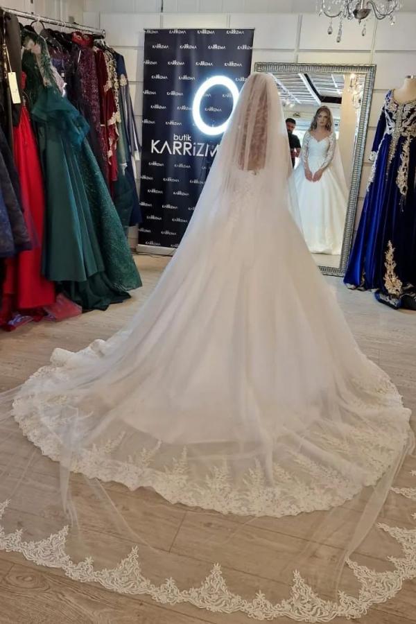 Gorgeous White Long A-line V-neck Lace Wedding Dress with Long Sleeves