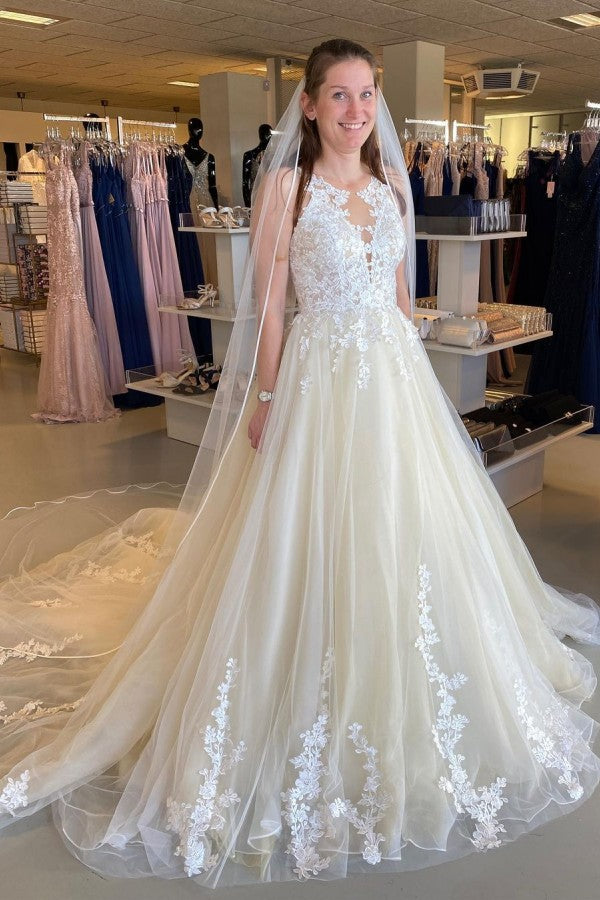 Classy Long Bateau Appliques Lace Floor Length Tulle Ruffles Backless A-Line Wedding Dress
