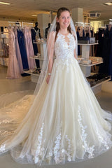 Classy Long Bateau Appliques Lace Floor Length Tulle Ruffles Backless A-Line Wedding Dress