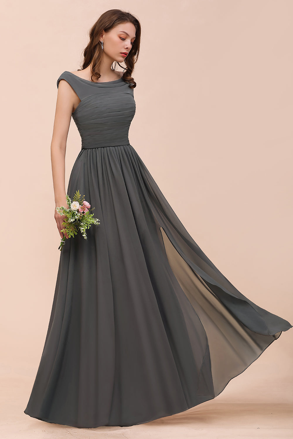 Long A-line Off the Shoulder Ruffle Steel Grey Bridesmaid Dress with Slit