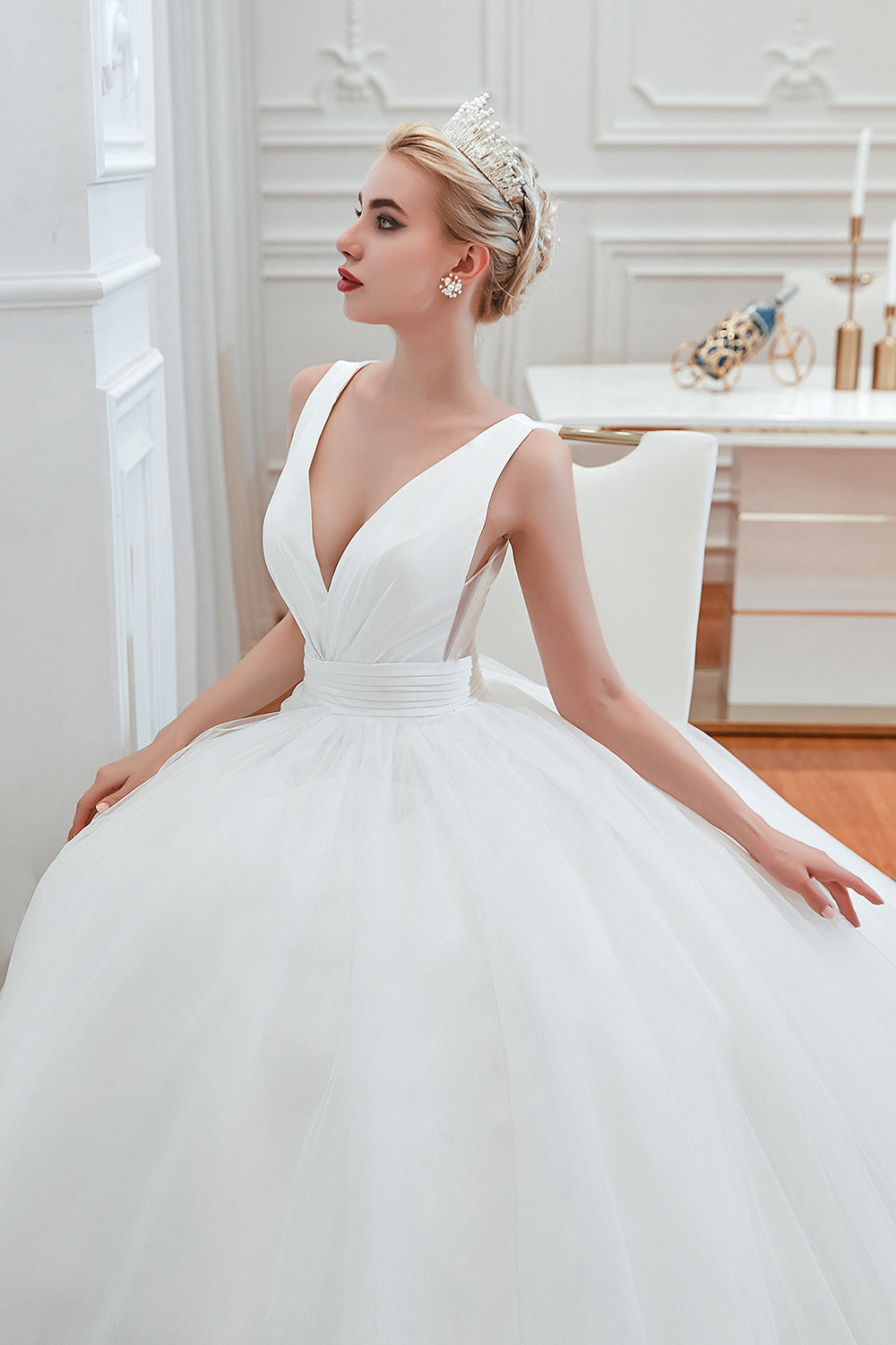 Long A-Line Tulle Wide Straps Deep V-neck Floor Length Wedding Dress