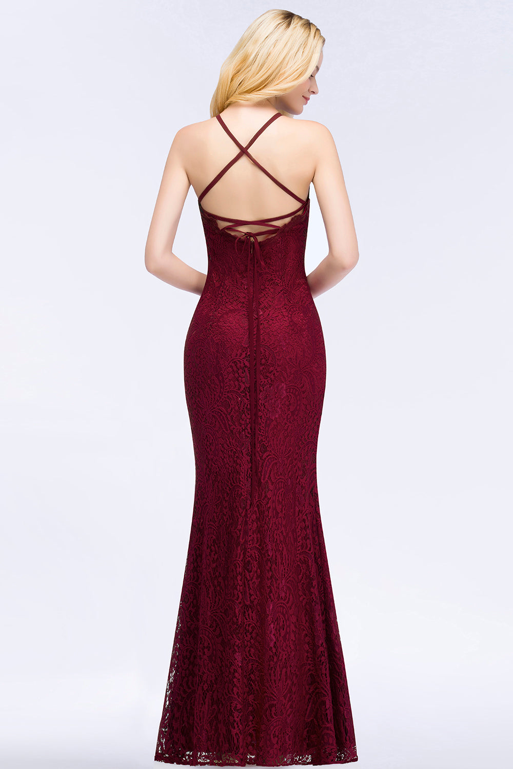 Mermaid Floor Length Halter Lace Burgundy Bridesmaid Dresses