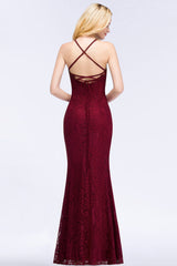 Mermaid Floor Length Halter Lace Burgundy Bridesmaid Dresses