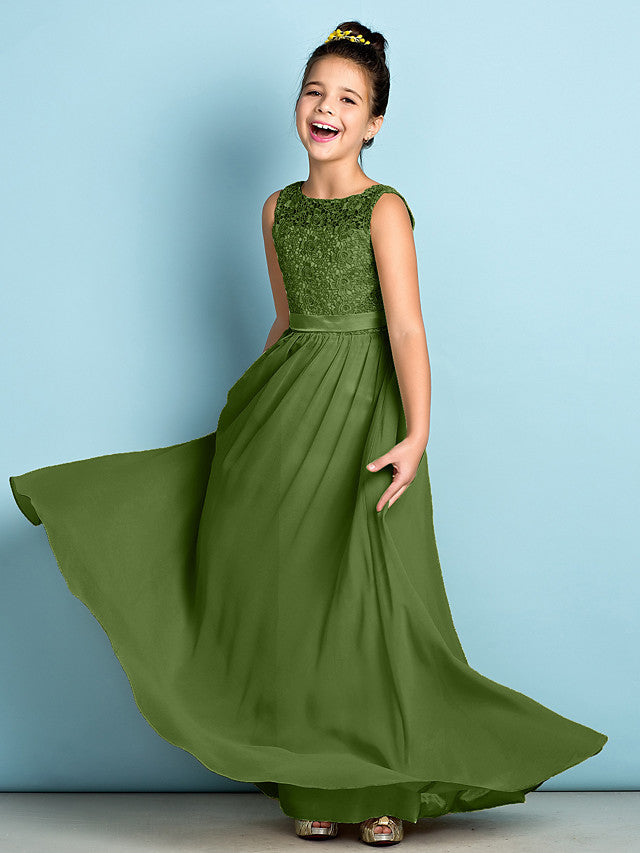 Long A-Line Scoop Neck Floor Length Chiffon Lace Junior Bridesmaid Dress