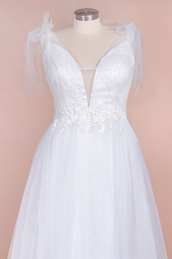 Plus Size Long V-neck Appliques Tulle A-line White Wedding Dress