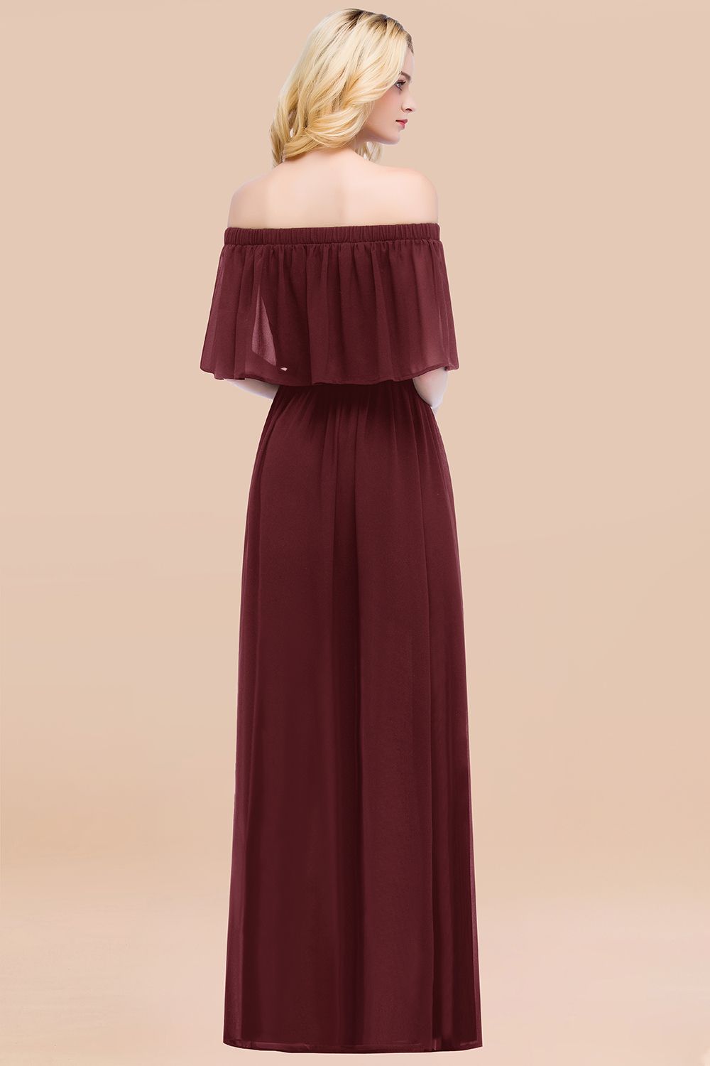 A-line Chiffon Off the Shoulder Short Sleeves Ruffles Floor Length Bridesmaid Dress
