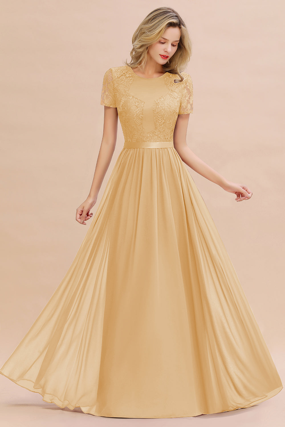 Chiffon Lace Scoop Short Sleeve Bridesmaid Dress
