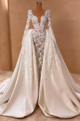 Long Sleeve Mermaid Tulle Appliques Wedding Dress with Detachable Train