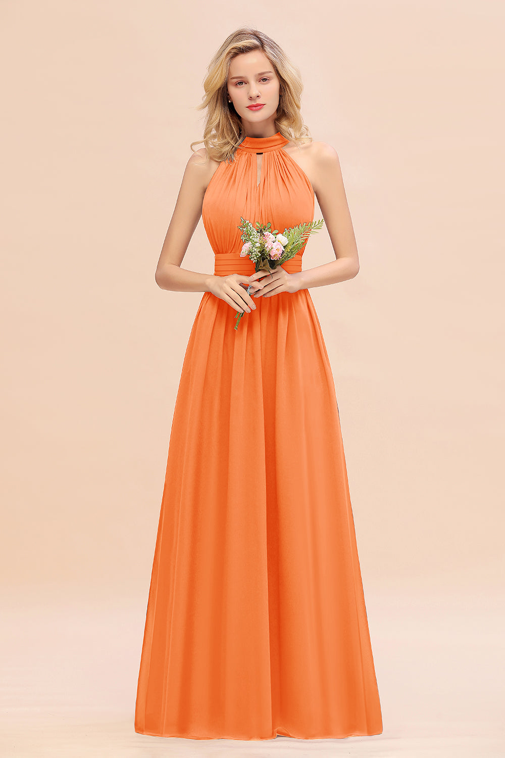 Dusty Sage Long High Neck Chiffon Bridesmaid Dresses with Ruffle