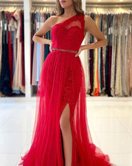 Long Mermaid One Shoulder Tulle Slit Prom Dress with Detachable Train