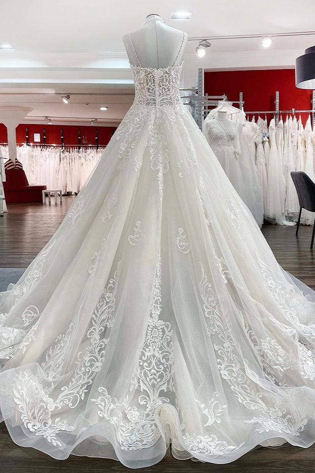 Long A-line V-neck Spaghetti Straps Tulle Wedding Dress with Lace Ruffles