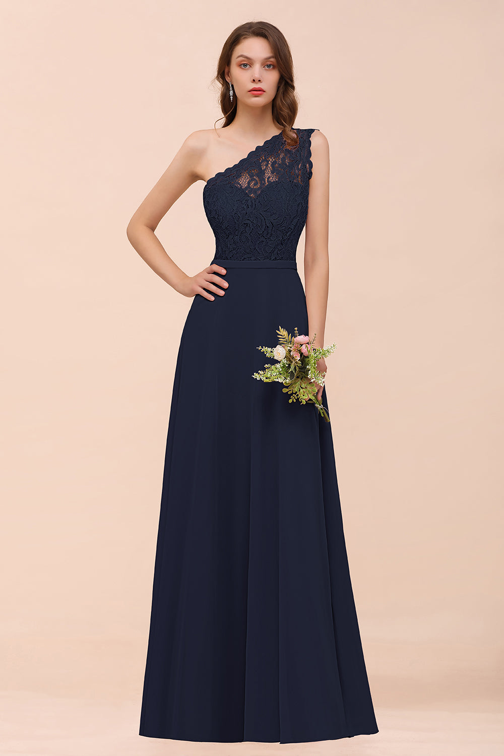 Classy One Shoulder Appliques Lace Floor Length A-Line Chiffon Bridesmaid Dress