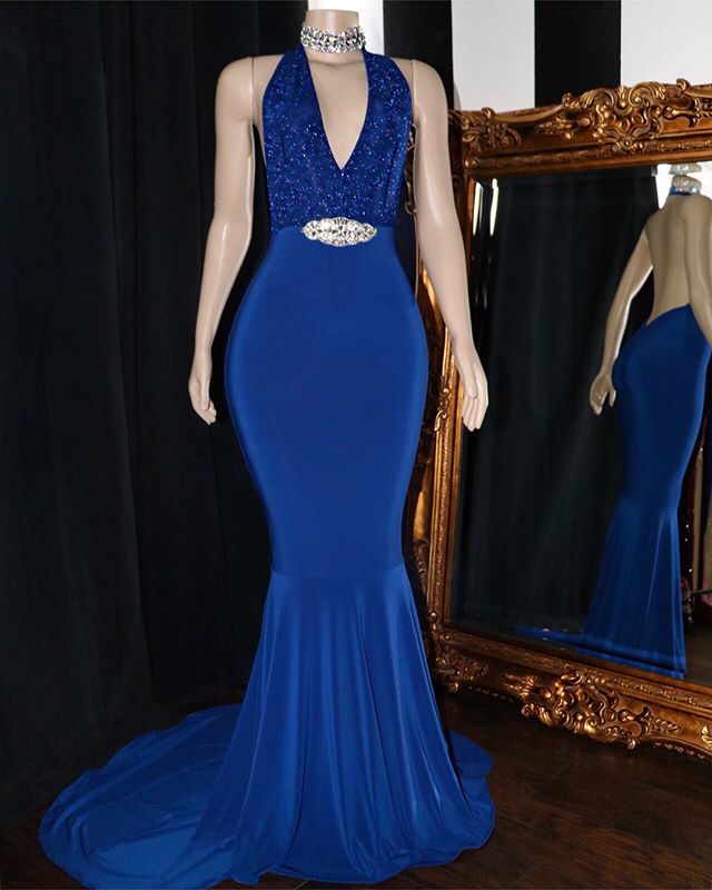Royal Blue Long V-neck Satin Mermaid Prom Dress