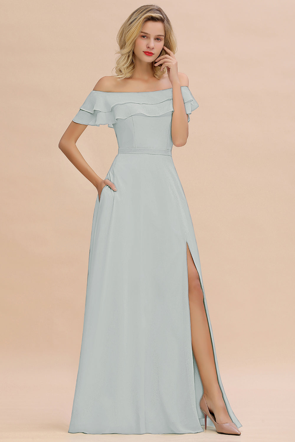 Off the Shoulder Front Slit Mint Green Long Bridesmaid Dress