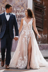 V-Neck A-line Backless Long Tulle Appliques Lace Wedding Dress with Slit