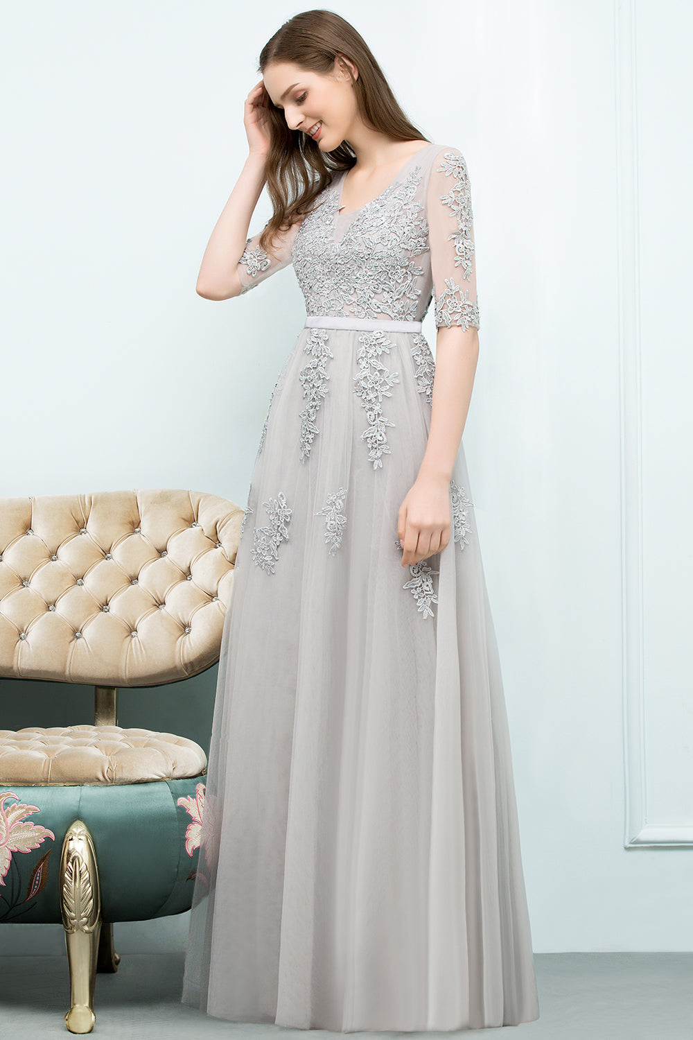 Long V-neck Tulle Lace A-line Evening Dress with Sleeves