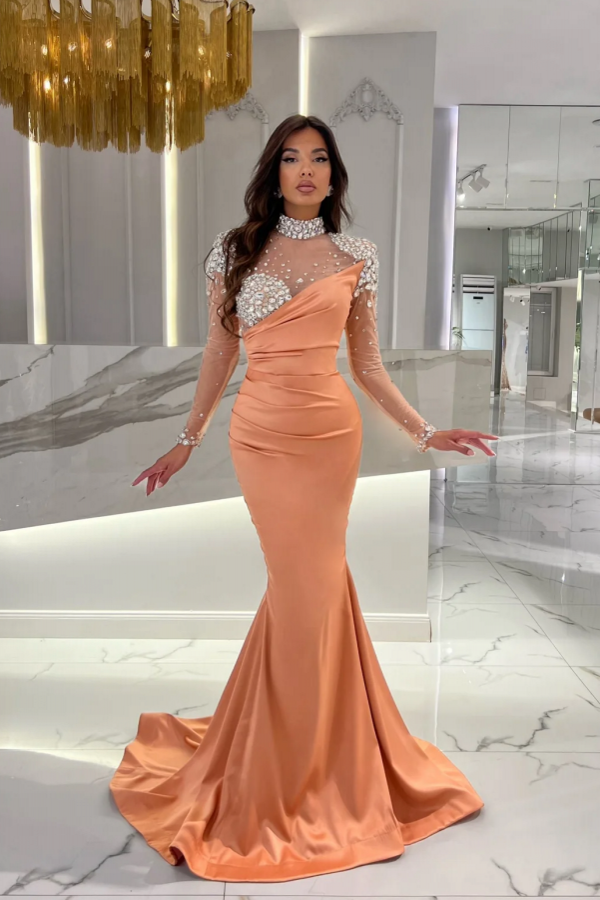 Long Mermaid Satin High Neck Sparkly Sequins Satin Evening Prom Dresses with Sleeves