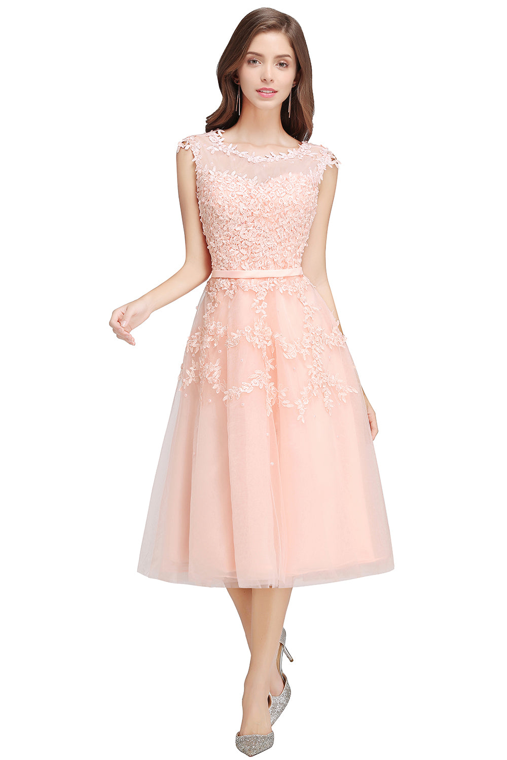 Short A-line Sleeveless Crew Neck Tulle Lace Formal Dress