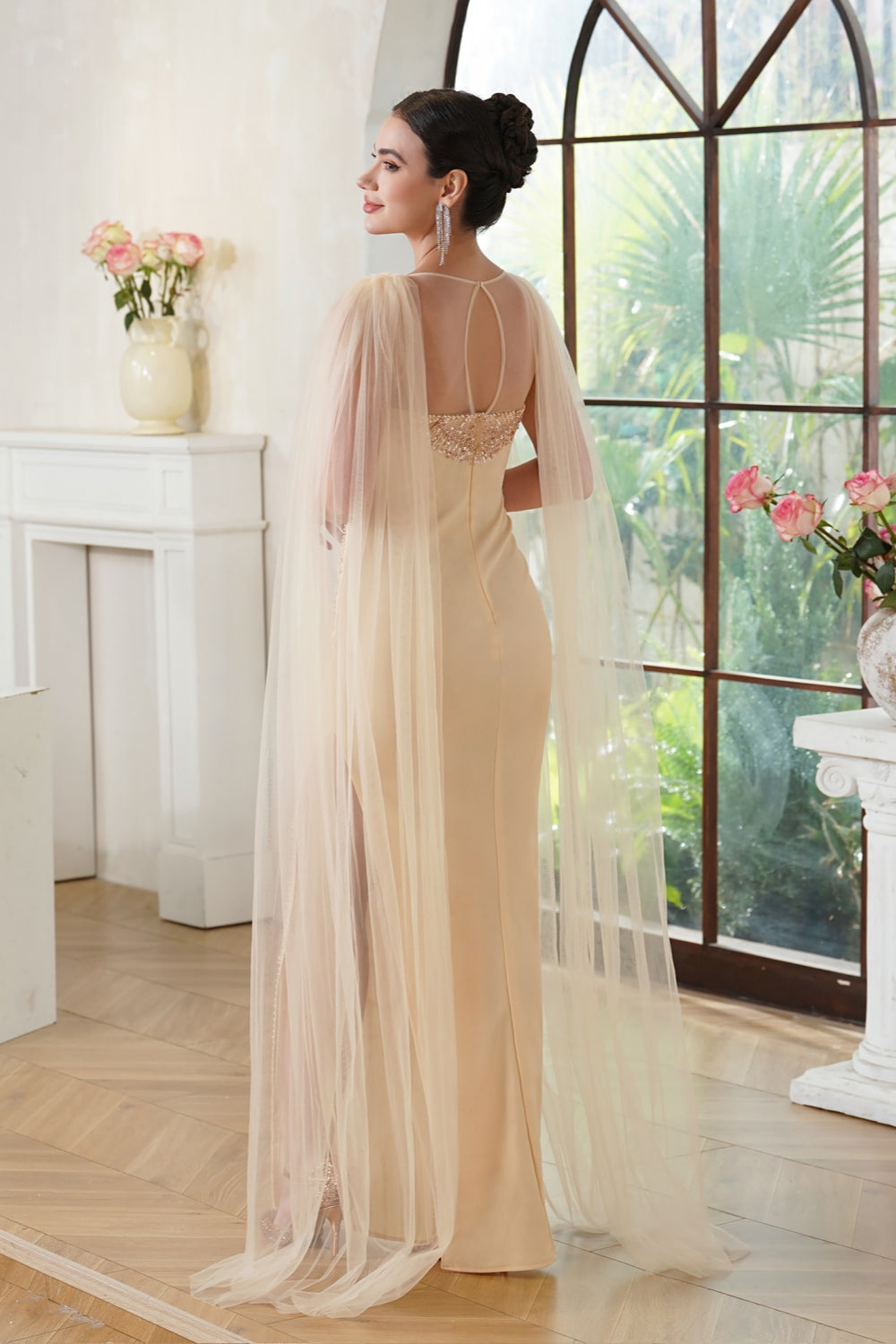 Champagne Long Mermaid Scoop Neck Tulle Formal Prom Dress with Cape