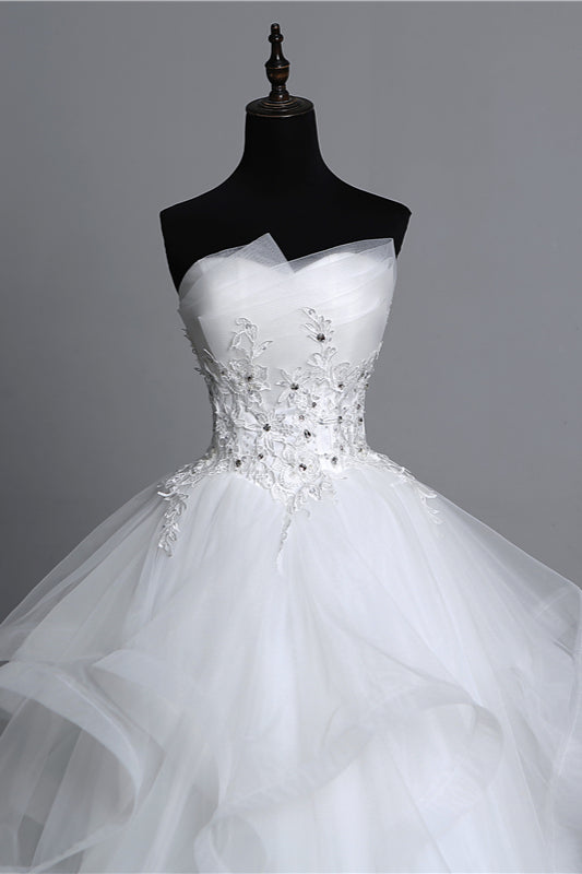 Gorgeous Long Ball Gowns Strapless Tulle Layers Wedding Dress Appliques Beadings