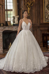 Gorgeous Long A-line Spaghetti Straps V-Neck Lace Backless Wedding Dress with Ruffles