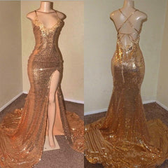 Sequins Sleeveless Front Slit Floor Length Mermaid Long Prom Dresses
