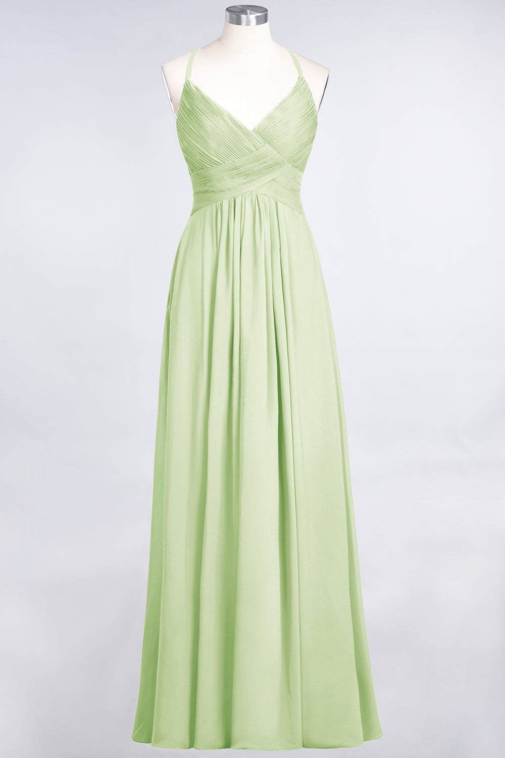 A-Line Chiffon Spaghetti Straps V-Neck Sleeveless Floor Length Bridesmaid Dress with Ruffles