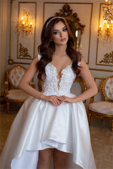 Chic White High Low A-line V-neck Satin Lace Wedding Dress
