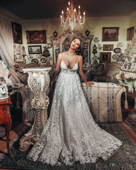 Gorgeous Long A-line V-neck 3D Floral Lace Wedding Dresses