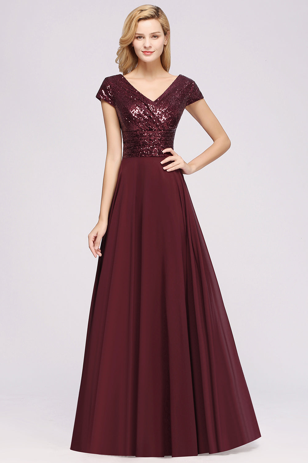 A-Line Burgundy Chiffon Sequined V-Neck Sleeveless Ruffles Bridesmaid Dresses