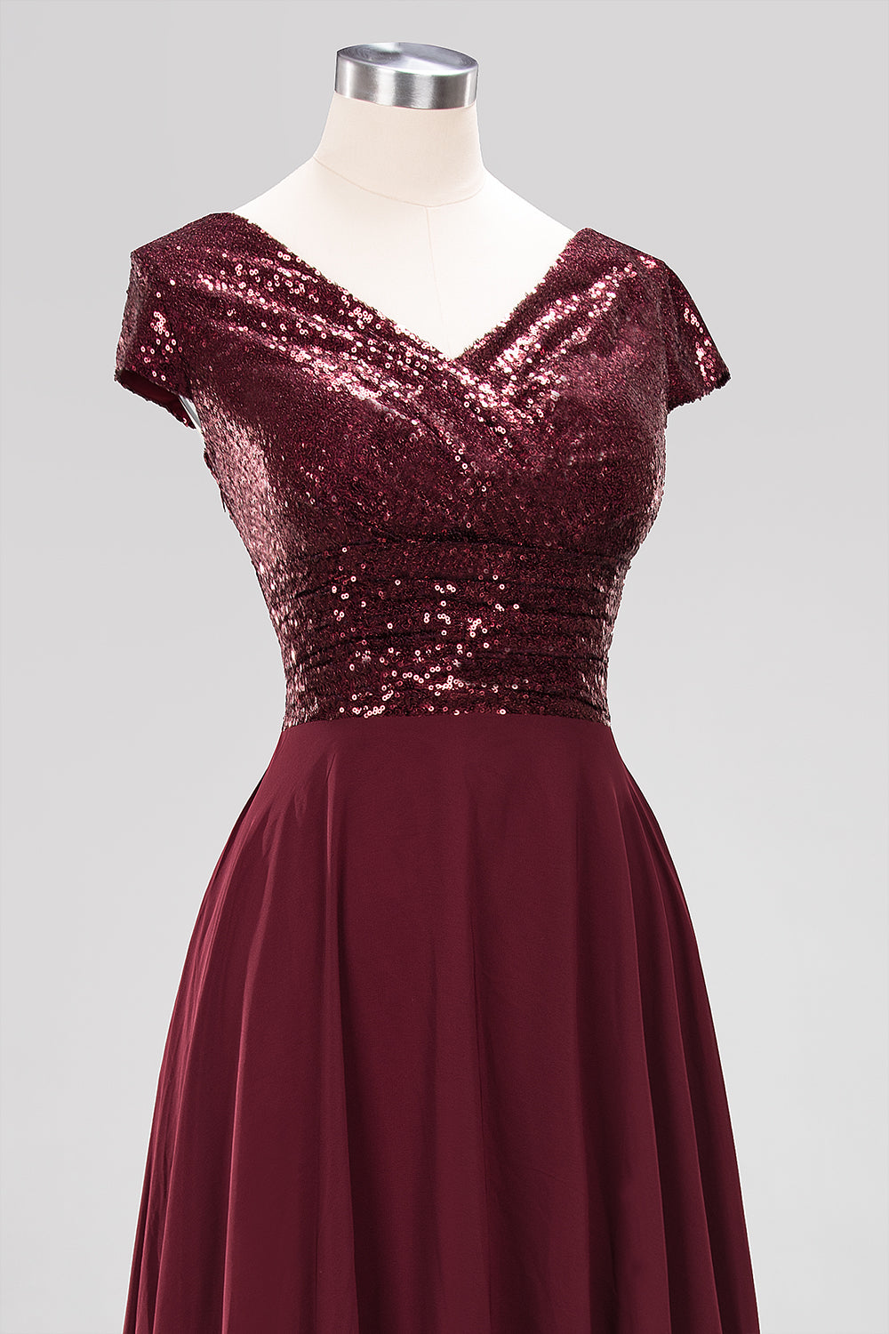 A-Line Burgundy Chiffon Sequined V-Neck Sleeveless Ruffles Bridesmaid Dresses