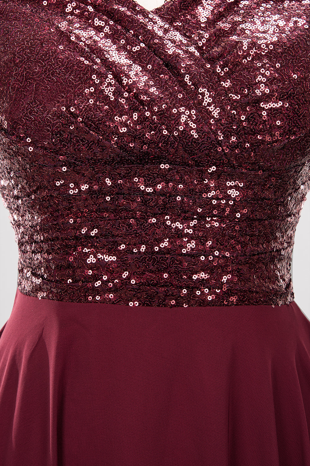 A-Line Burgundy Chiffon Sequined V-Neck Sleeveless Ruffles Bridesmaid Dresses