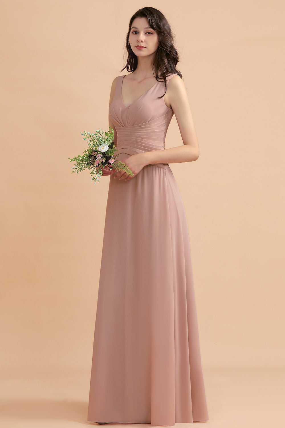 A-Line Chiffon Bridesmaid Dress V-neck Backless Floor Length Maid of Honor Dress