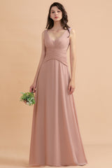 A-Line Chiffon Bridesmaid Dress V-neck Backless Floor Length Maid of Honor Dress